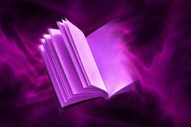 A book in a purple void half-disappearing