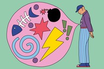 An illustration of a man with a large, pink word bubble emerging from his gut; it contains a hodgepodge of symbols: a spiral, a lightning strike, a bomb, two exclamation marks, a star, and a fish skeleton.