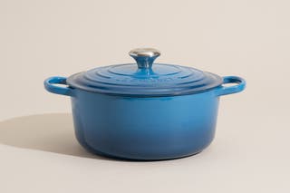 A blue Le Crueset dutch oven.