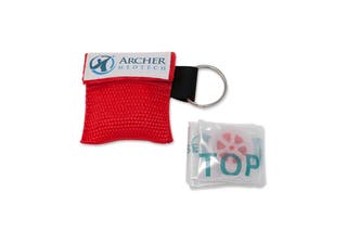 An Archer MedTech Single Use CPR Mask, shown neatly folded next to its nylon carrying pocket with key ring.