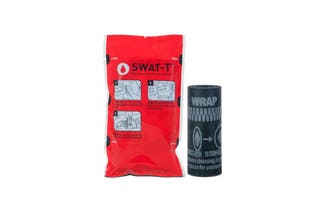 A rolled elastic SWAT-T Tourniquet, shown next to a sealed plastic pack.