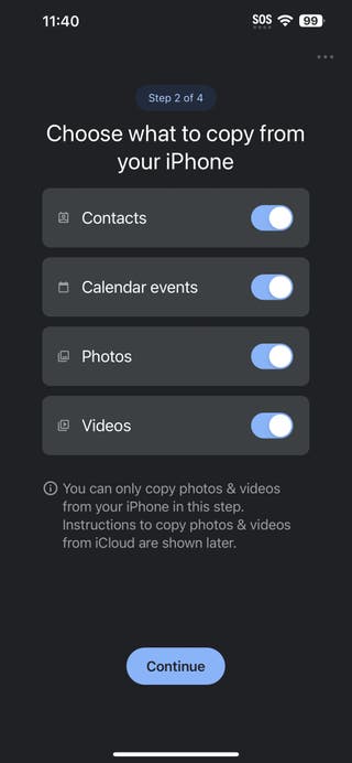 A screenshot that says "Choose what to copy from your iPhone," with a list of options such as contacts, calendar events, photos, and videos.