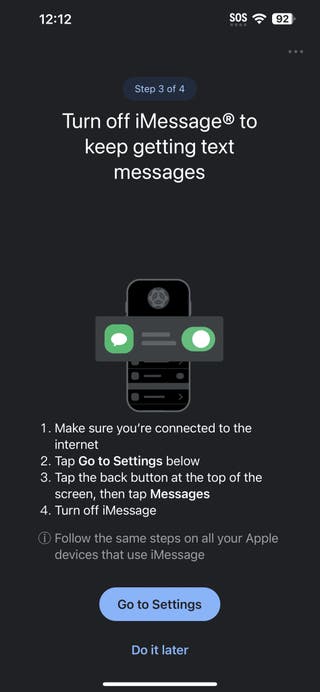 A screenshot that says "Turn off iMessage to keep getting text message."