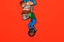 An illustration of a person on a unicycle carrying a lot of things, including a turkey.