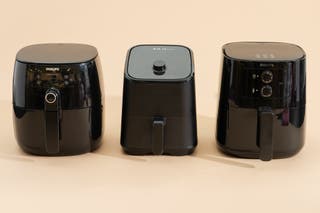 Our three picks for best airfryer displayed side by side in front of a beige background.