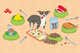 An illustration of a dog standing on a clipboard, surrounded by dog bowls with different food items.