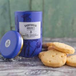 Shortbread cookies pictured with a Shortbread House tin.