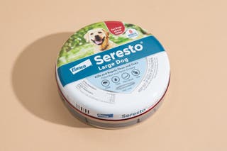 A tin containing a Seresto Flea and Tick Collar for Dogs.