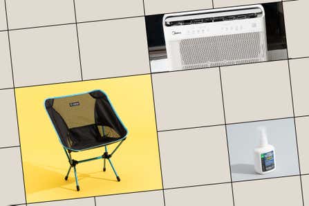 Clockwise, from left to right: A portable camping chair, a window AC unit, and bug spray.