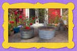 An illustrated border around a photo of two Behrens tubs with plants in them.
