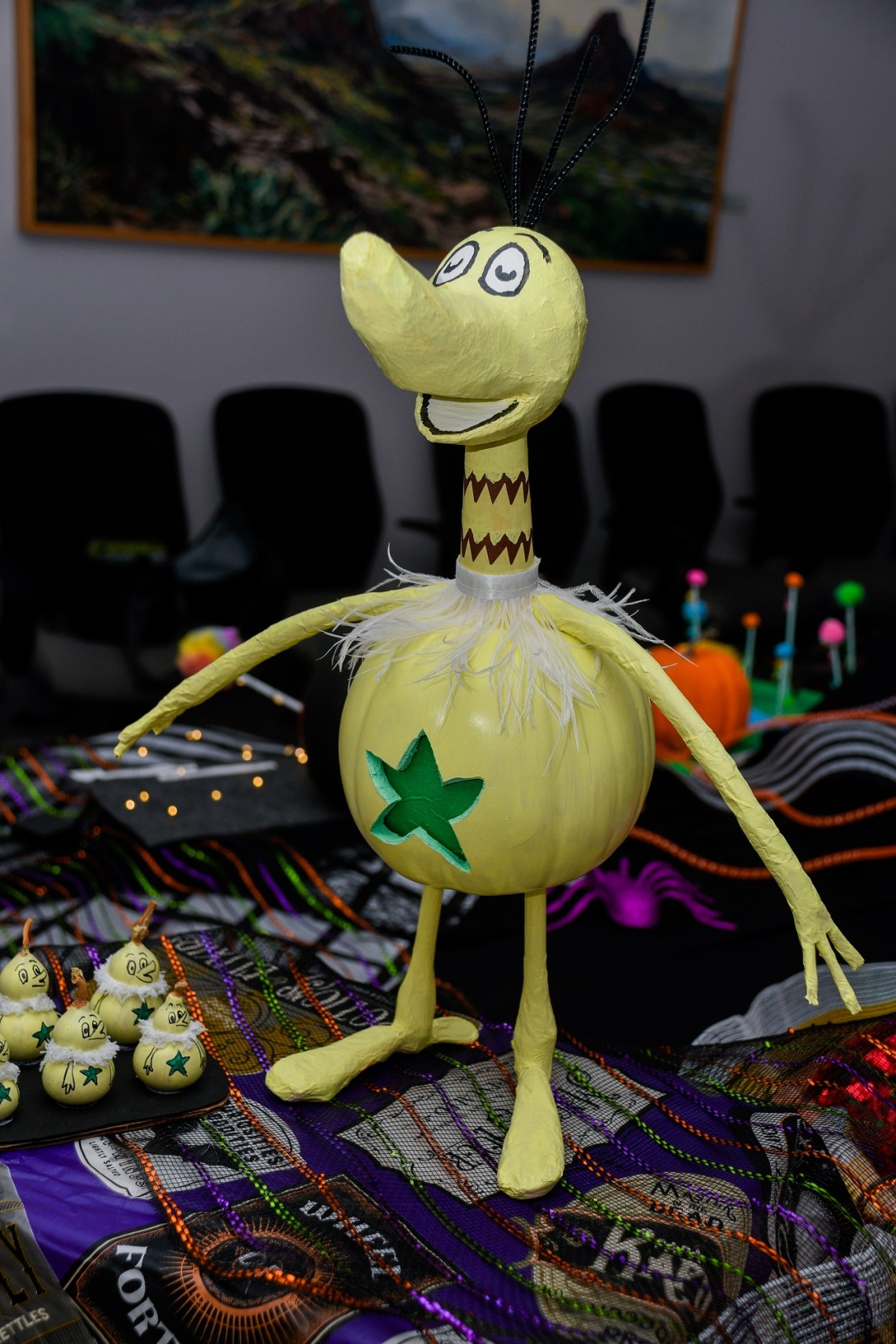 A pumpkin is turned into a yellow character from Dr. Seuss.