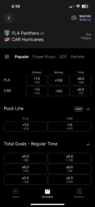 Fanatics Sportsbook NHL markets screenshot