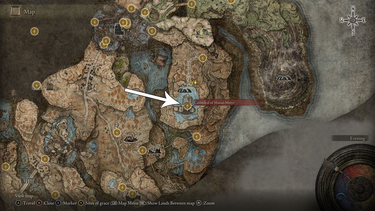 Cathedral of Manus Metyr’s location map in Elden Ring