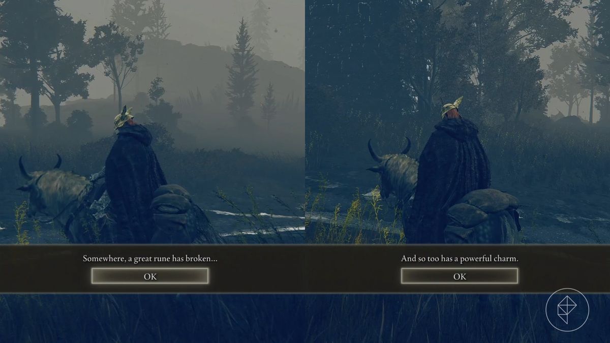 Two prompts appearing on screen in Elden Ring’s DLC, Shadow of the Erdtree, saying “Somewhere, a great rune has been broken...” and “And so too has a powerful charm.”