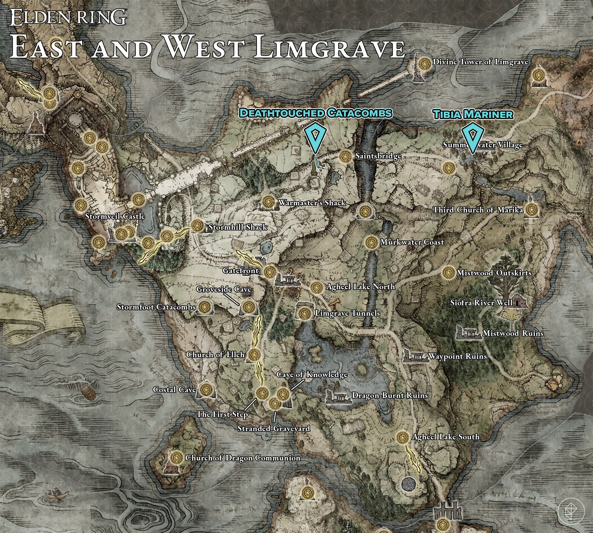 Elden Ring map of Limgrave with pins showing the locations of deathroot