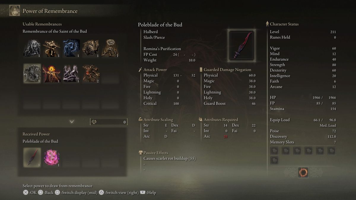 An image of the Remembrance menu in Elden Ring: Shadow of the Erdtree