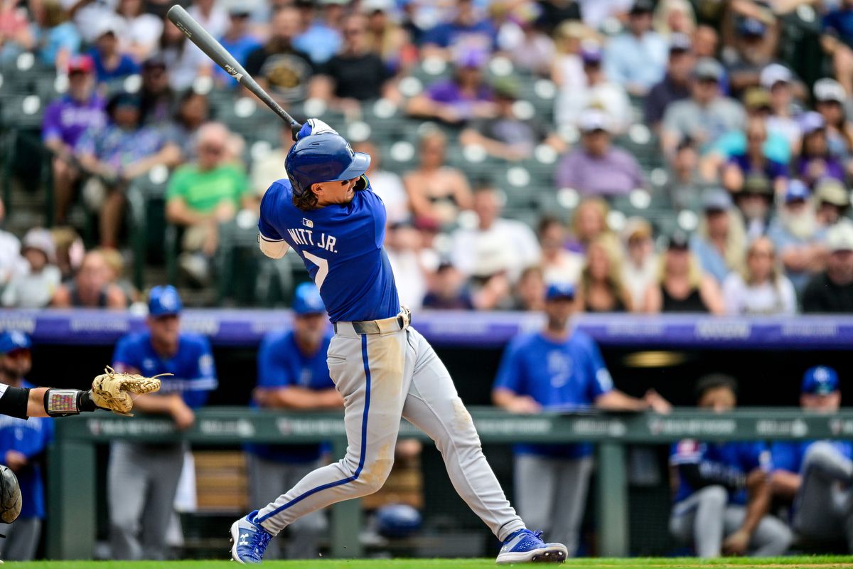 Bobby Witt Jr. #7 of the Kansas City Royals hits a ninth inning three-run home run against the Colorado Rockies at Coors Field on July 7, 2024 in Denver, Colorado.