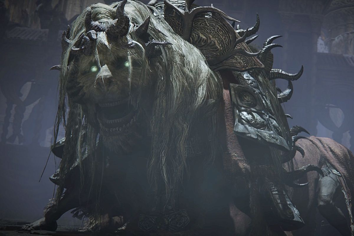 The Divine Beast Dancing Lion stands in front of a castle for an Elden Ring DLC boss fight.