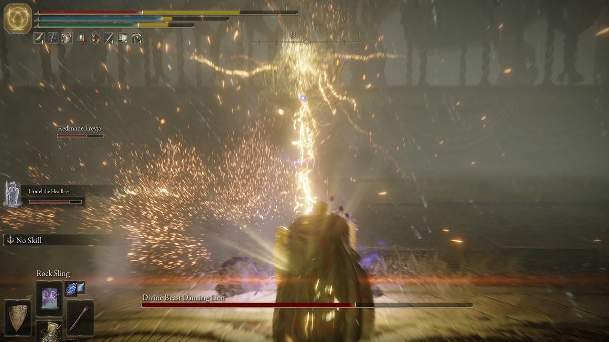 The Divine Beast Dancing Lion casts a lightning spell during an Elden Ring DLC boss fight.