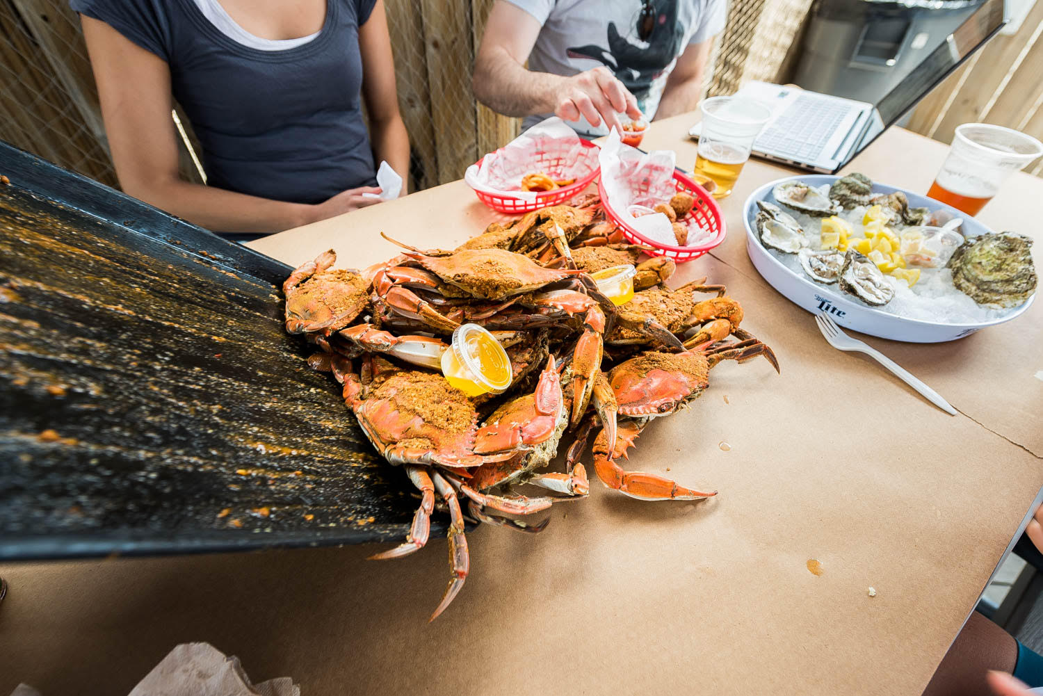 Crabs spread out on brown paper