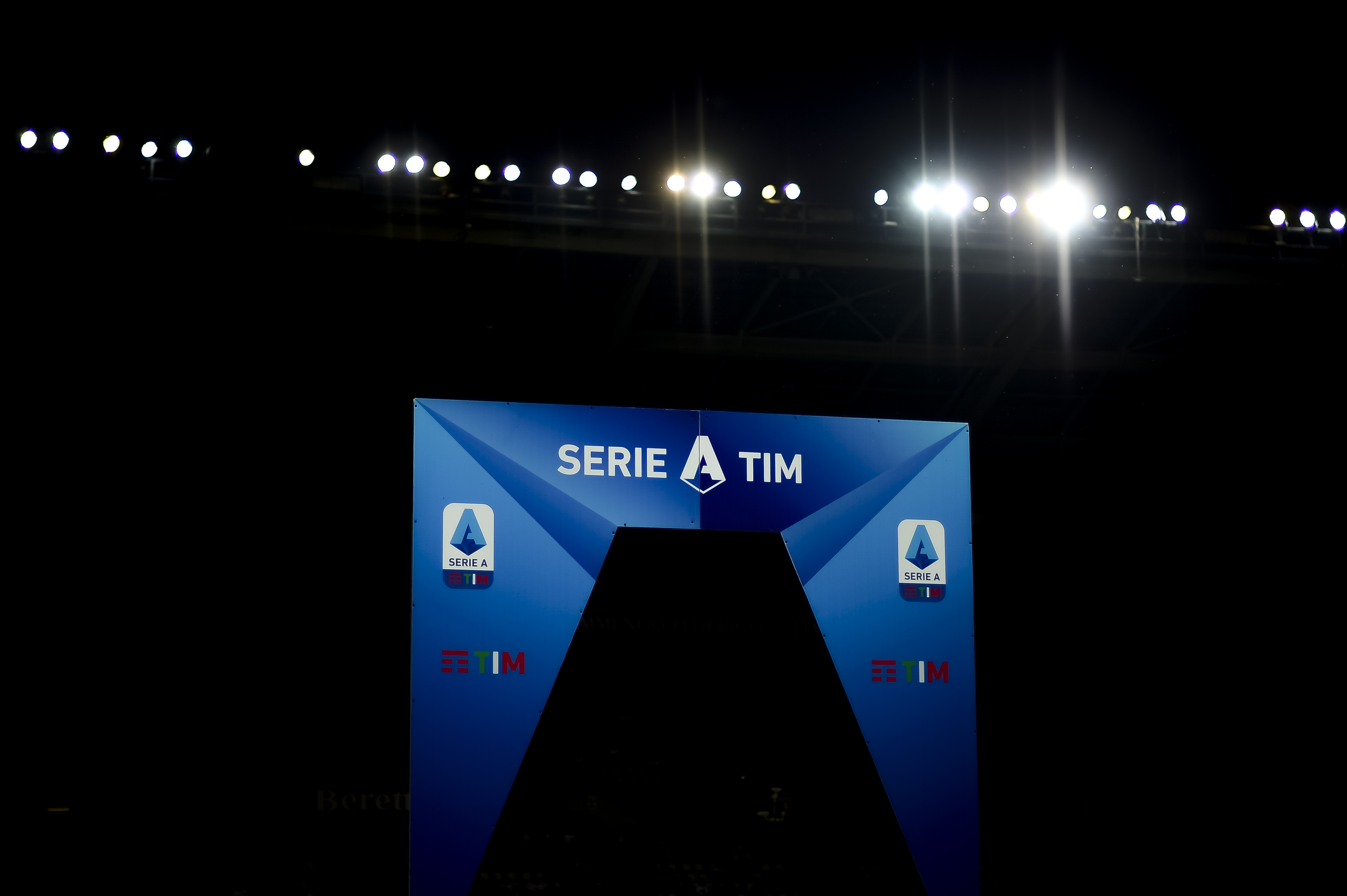 A Serie A TIM banner is pictured prior to the Serie A...