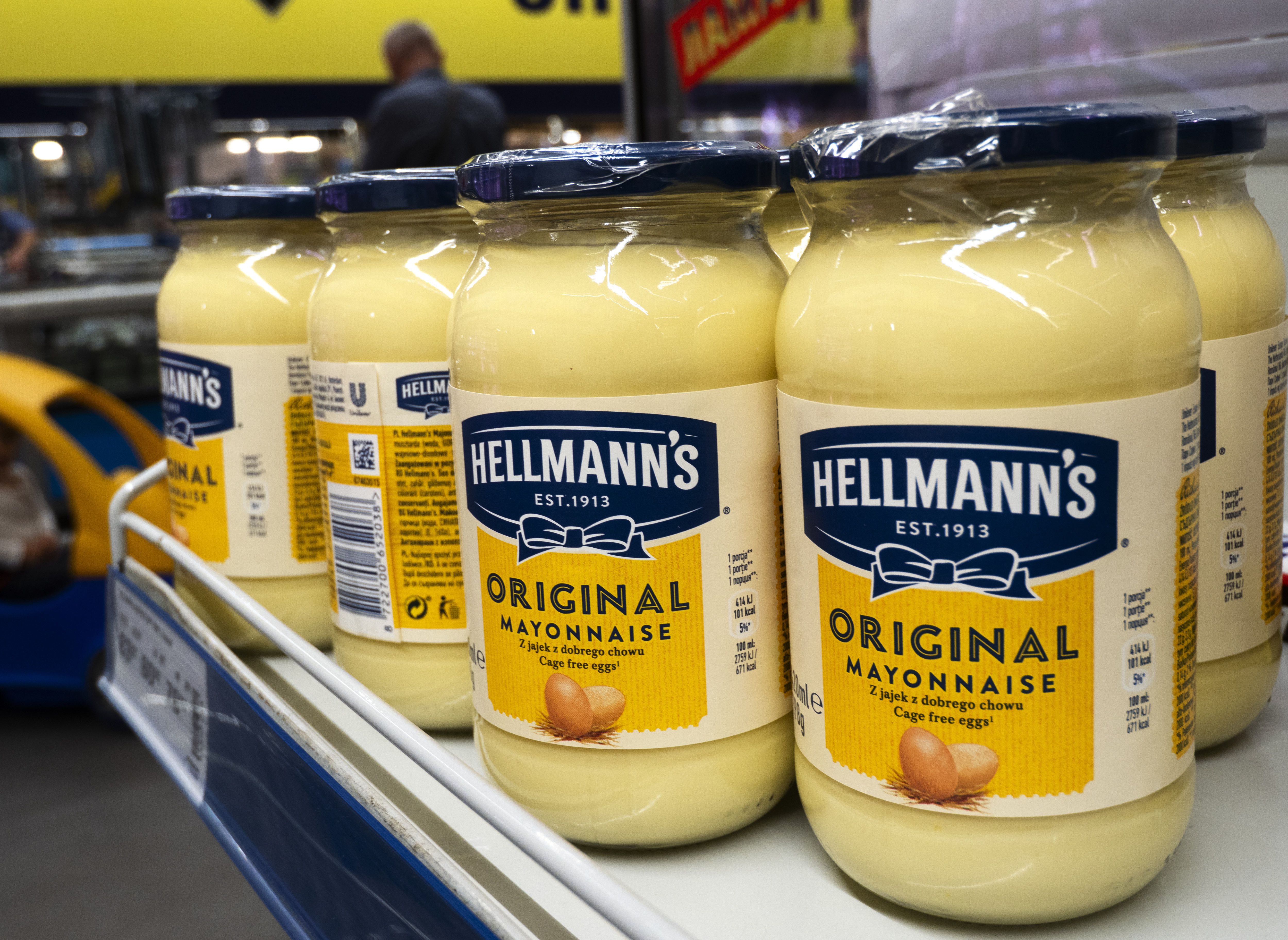 Hellmann’s jars of mayonnaise seen on a shelf at a store...