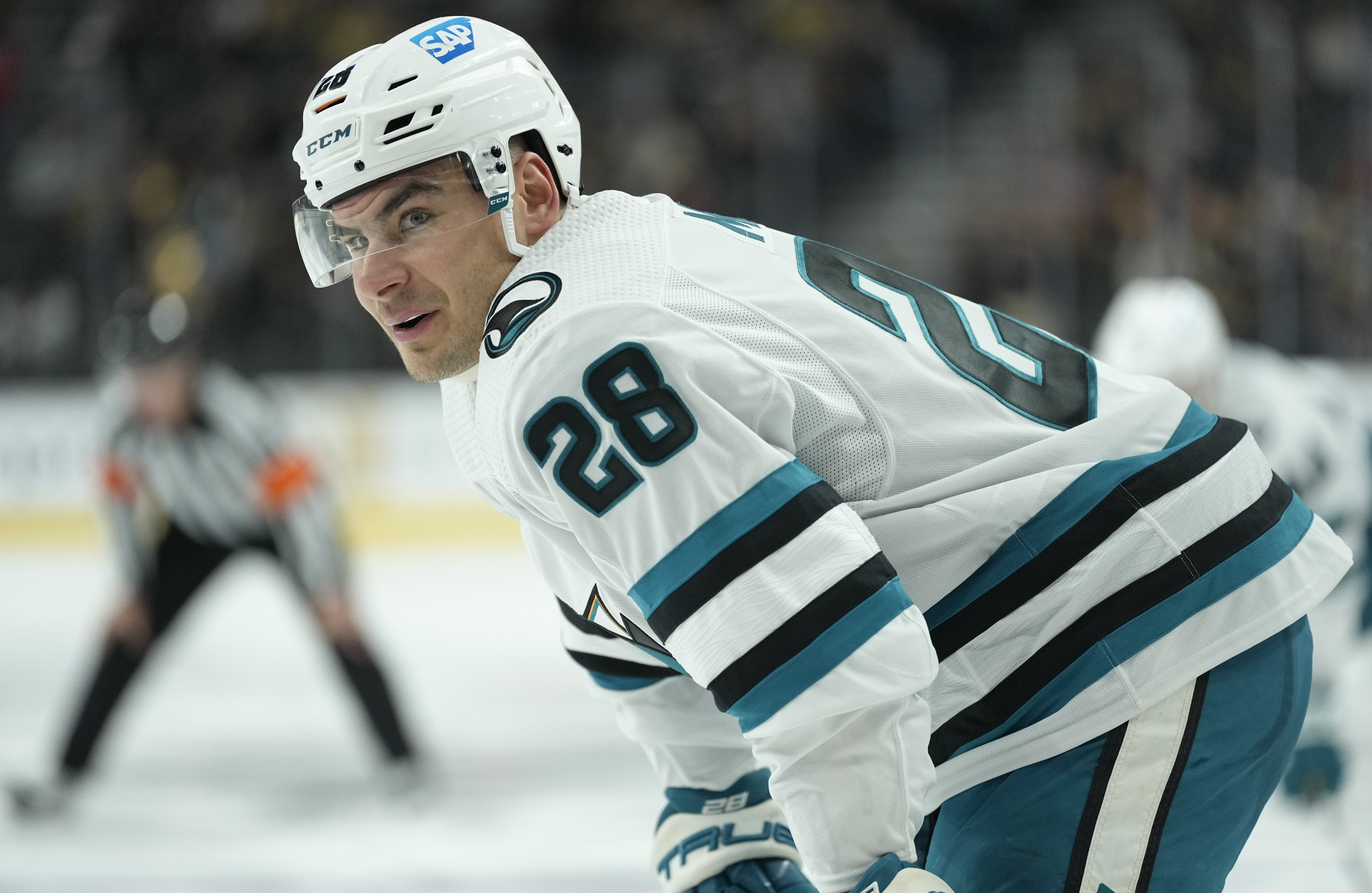 Timo Meier of the San Jose Sharks skates during the second period against the Vegas Golden Knights at T-Mobile Arena on February 16, 2023 in Las Vegas, Nevada.