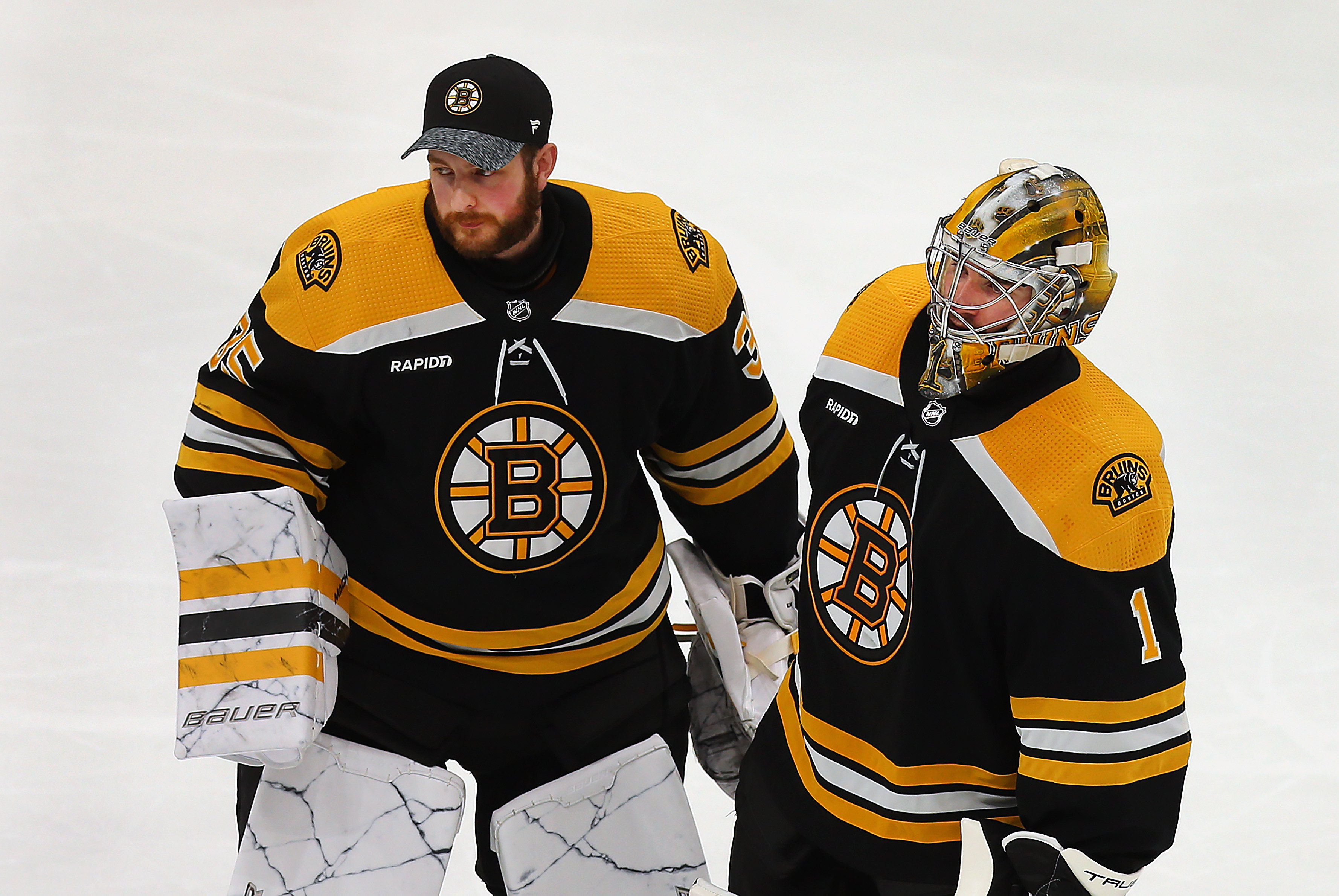 Boston Bruins goalies Linus Ullmark and Jeremy Swayman after the game. The Bruins lost to the Florida Panthers, 4-3, in Game 7 of their Eastern Conference First Round Series.