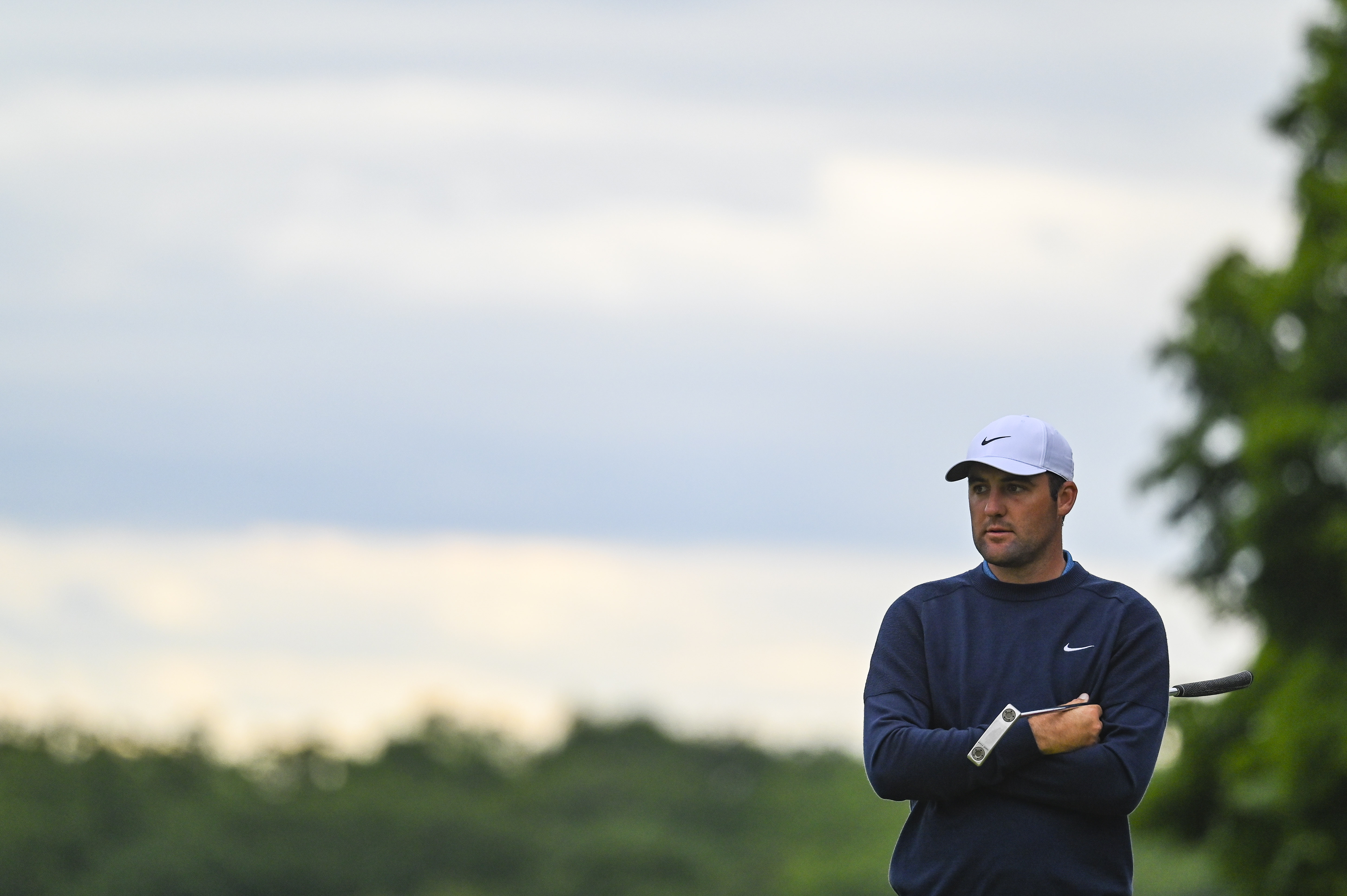 Scottie Scheffler stands with his putter on the eighth hole green during the final round of the U.S. Open at The Country Club on June 19, 2022 in Brookline, Massachusetts.