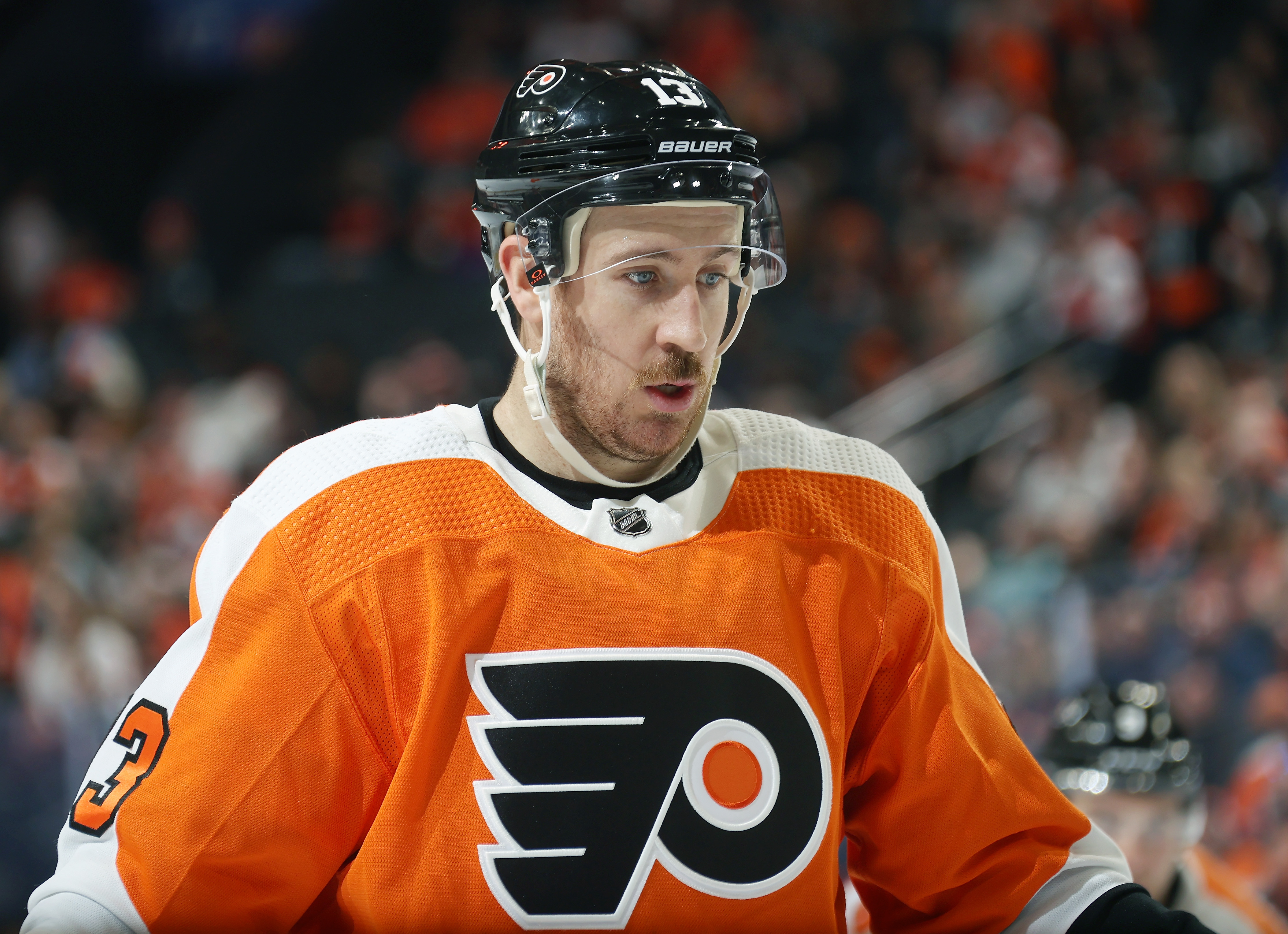 Kevin Hayes of the Philadelphia Flyers looks on prior to a face-off against the Columbus Blue Jackets at the Wells Fargo Center on April 11, 2023 in Philadelphia, Pennsylvania.