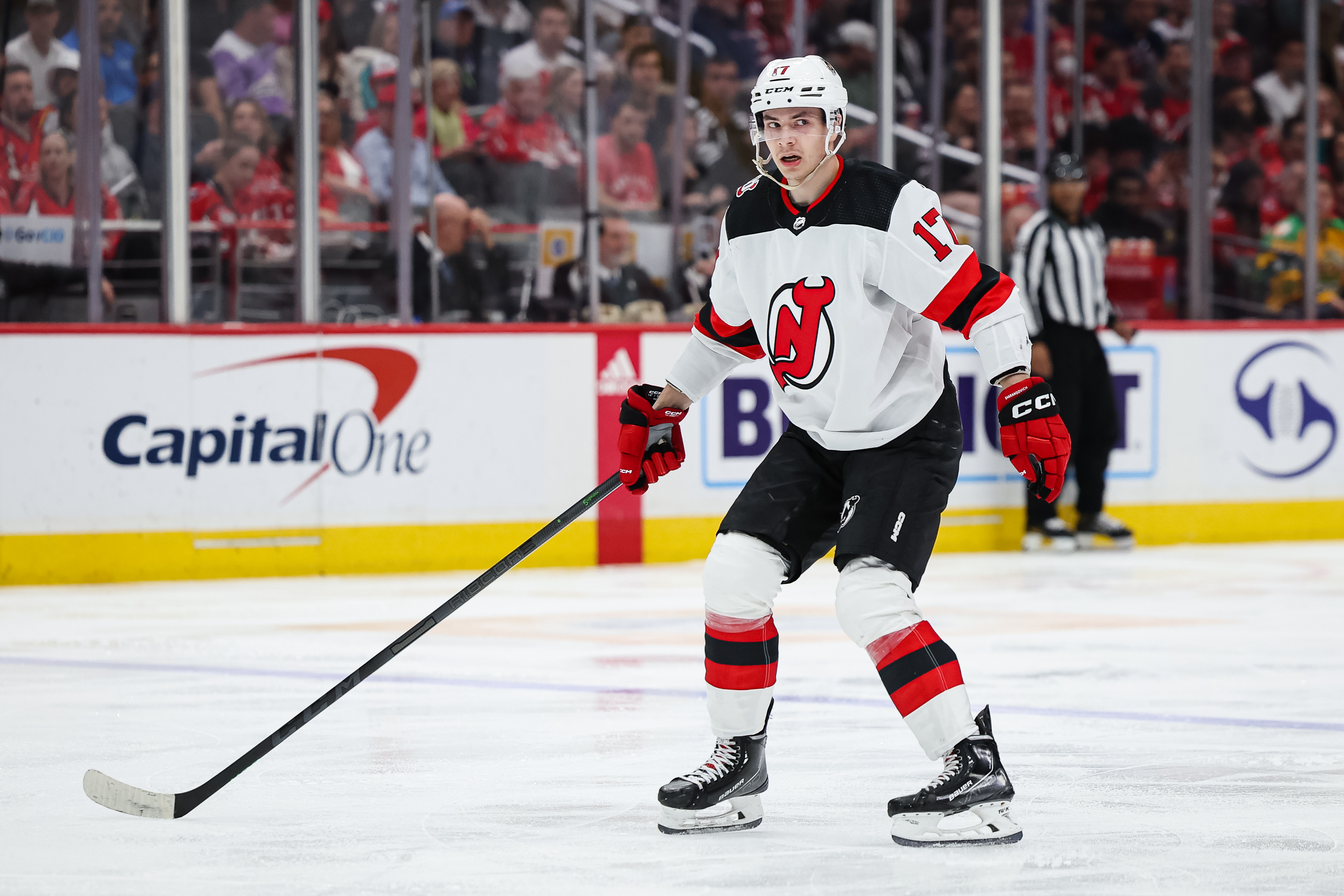 Yegor Sharangovich of the New Jersey Devils in action against the Washington Capitals during the third period of the game at Capital One Arena on April 13, 2023 in Washington, DC.