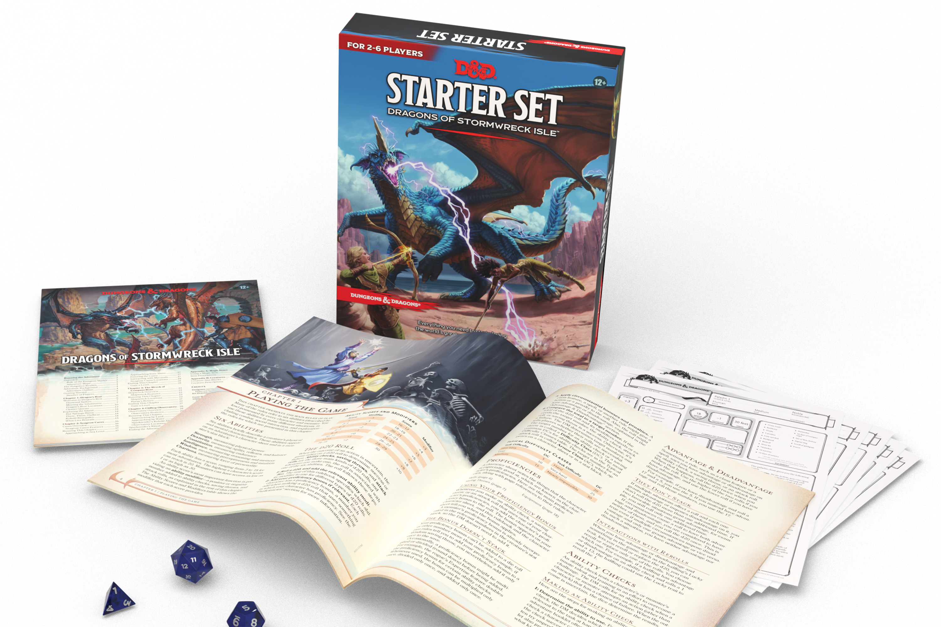 A box, two pamphlets, some dice, and a few slips of paper included in the Dungeons &amp; Dragons: Dragons of Stormwreck Isle set.