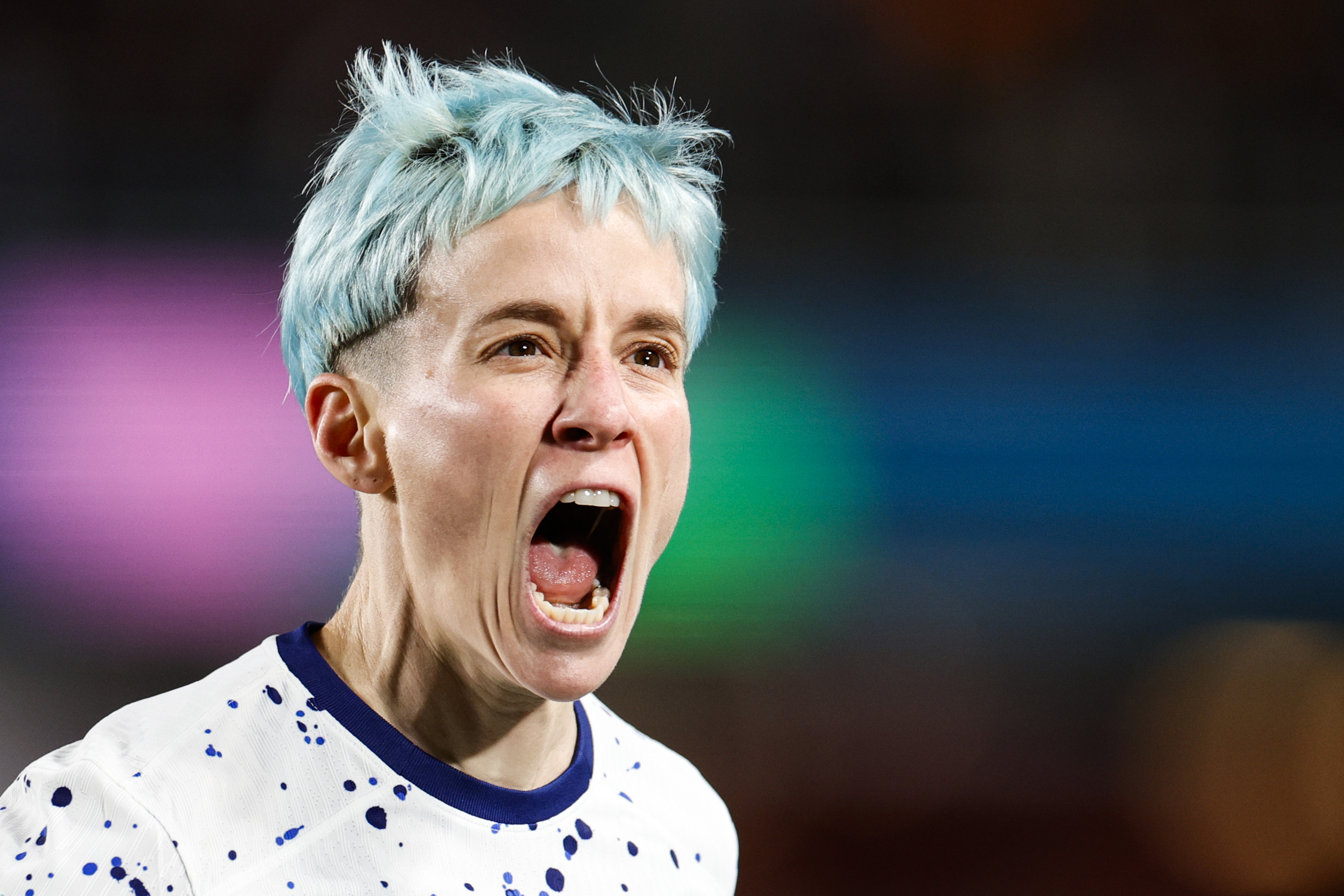 Megan Rapinoe #15 of the United States shouts during the second half of the FIFA Women’s World Cup Australia &amp; New Zealand 2023 Group E match between Portugal and USA at Eden Park on August 01, 2023 in Auckland, New Zealand.