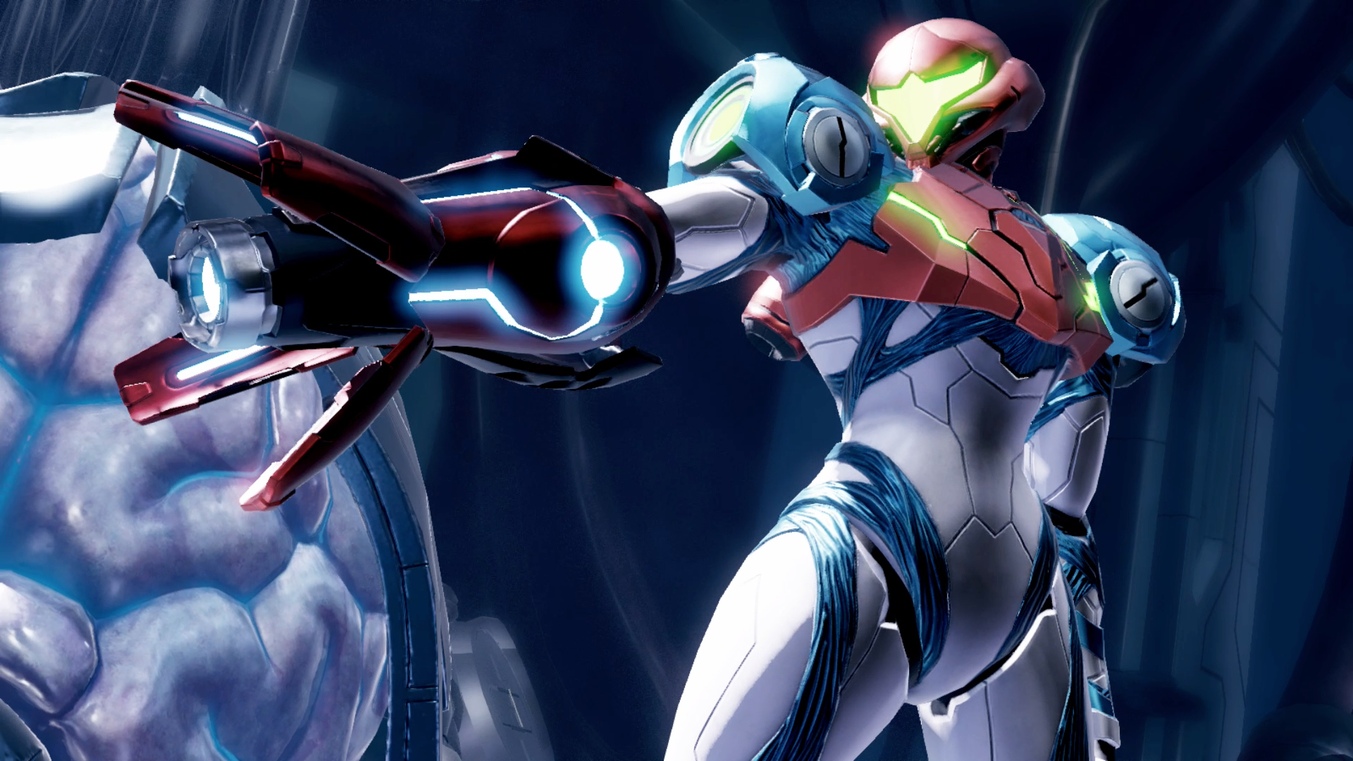 Samus charges up a new weapon in Metroid Dread