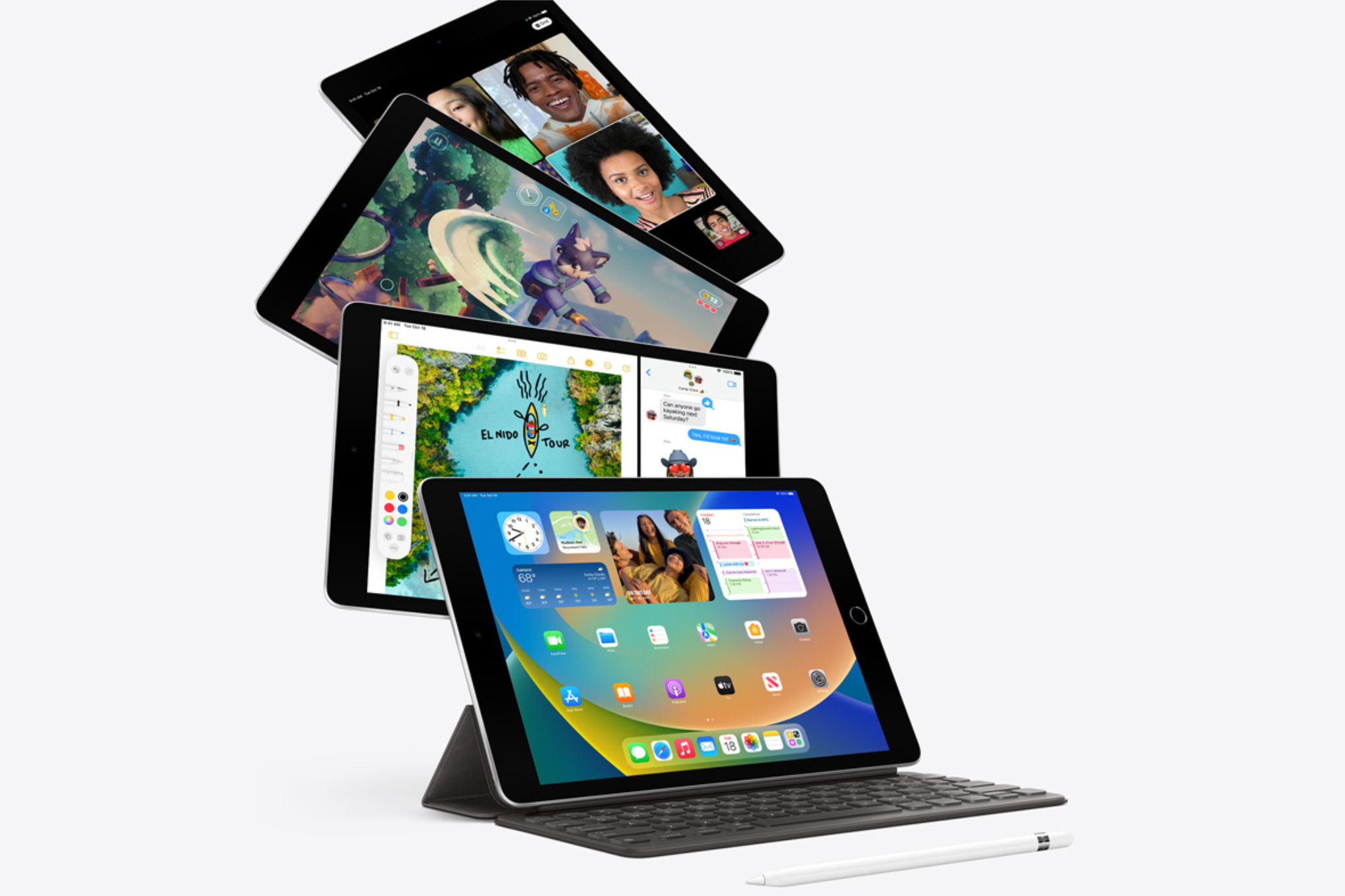 An image from Apple of its ninth generation iPad performing various tasks, including gaming, video chatting, and more.