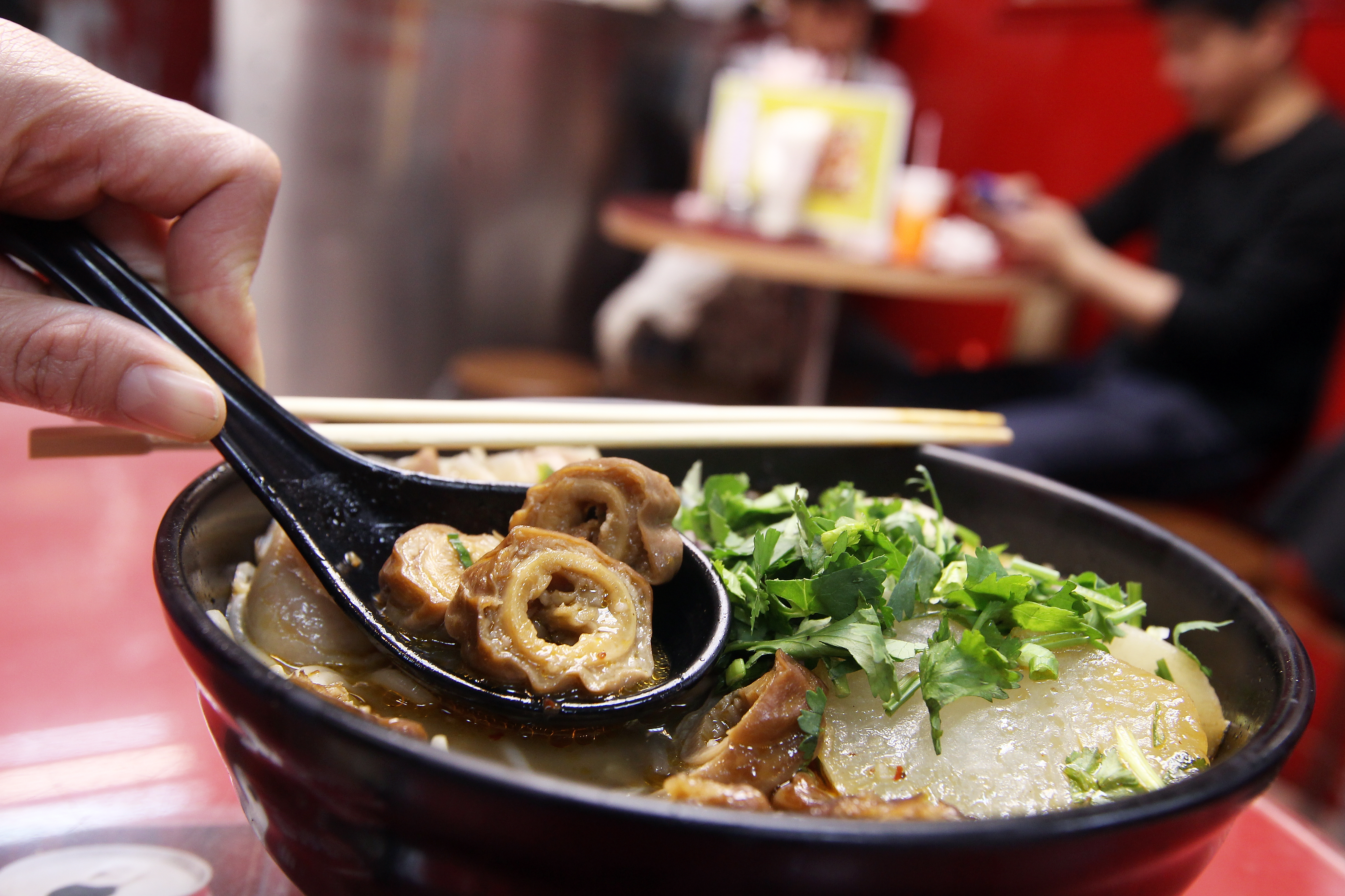 Rice vermicelli with soup and white radish, pig intestines, and fish dumplings, from Kiu Heung Yuan Yunnan Rice Noodles on Wellington Street in Central. 05APR13