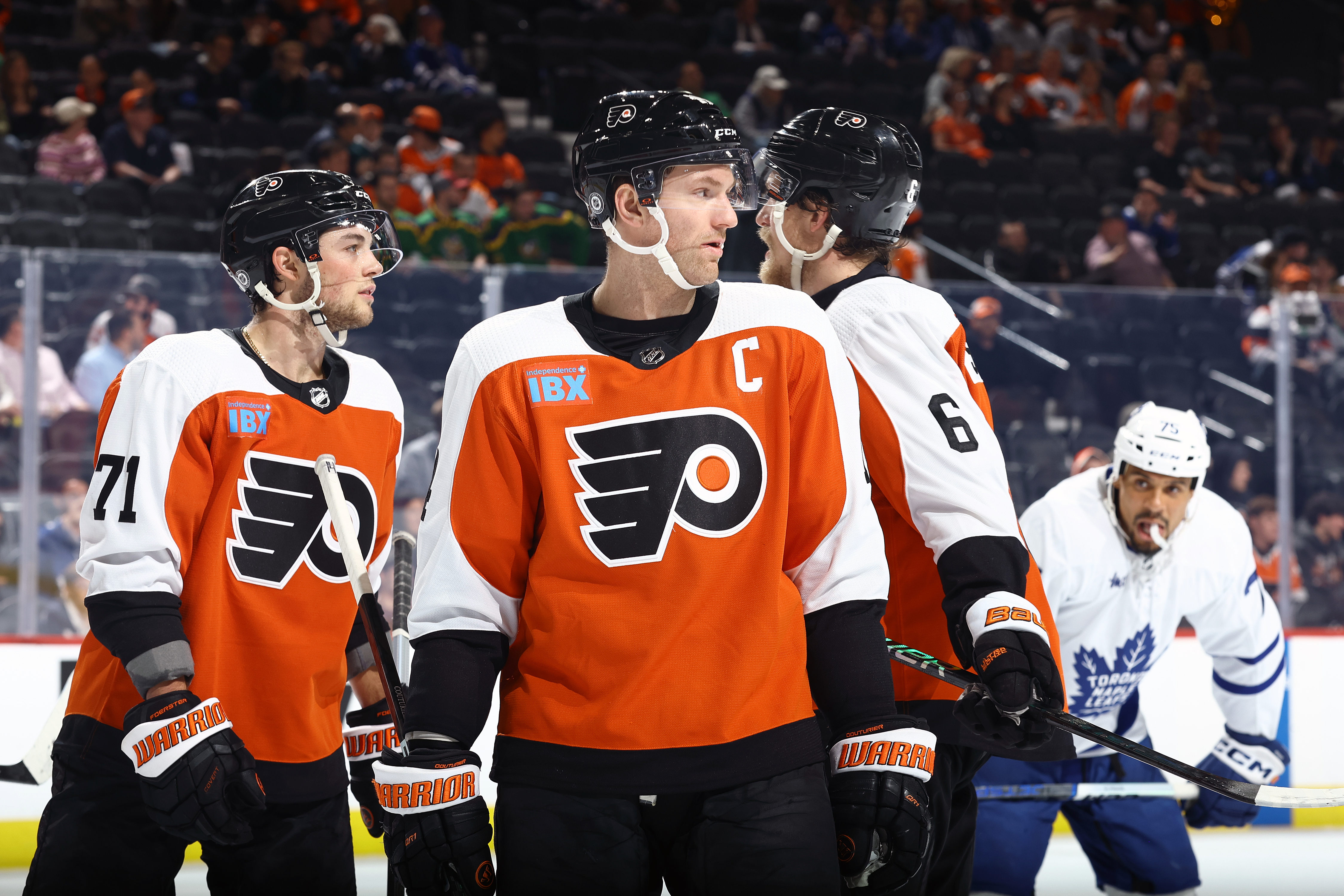 Sean Couturier #14 of the Philadelphia Flyers looks on during the third period against the Toronto Maple Leafs at the Wells Fargo Center on March 14, 2024 in Philadelphia, Pennsylvania.