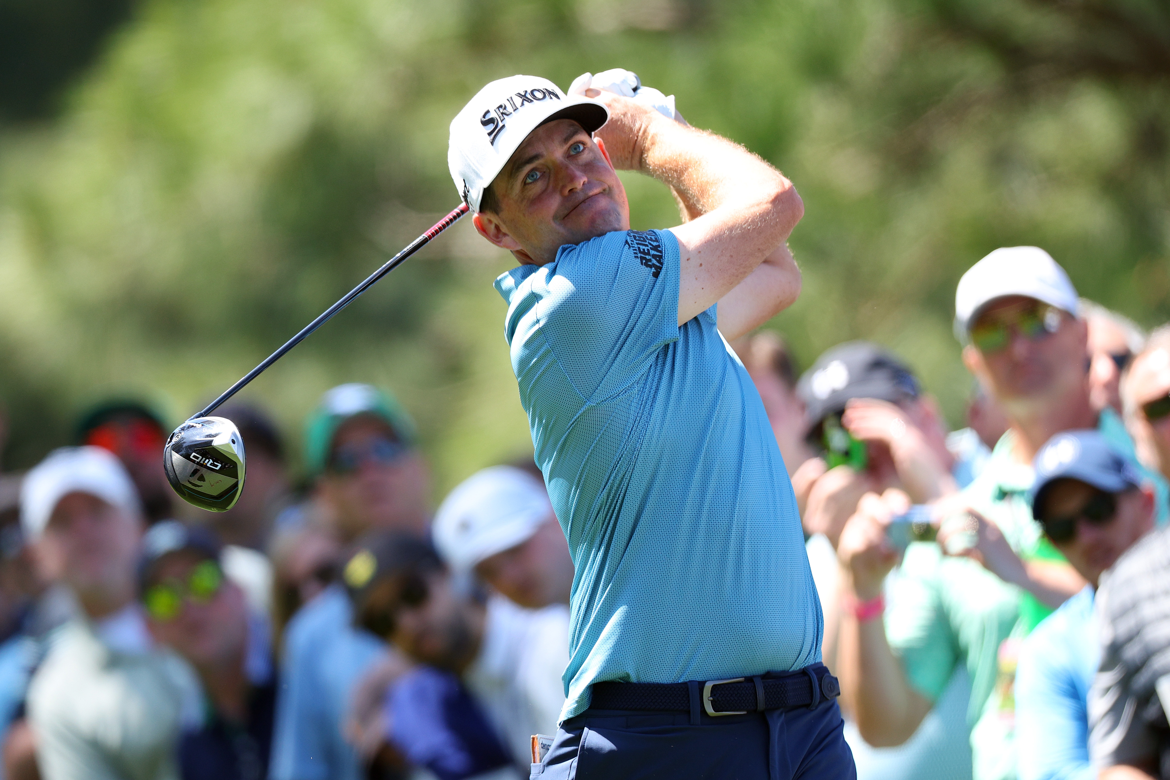 Keegan Bradley of the United States hits his shot from the 18th tee during a practice round prior to the 2024 Masters Tournament at Augusta National Golf Club on April 08, 2024 in Augusta, Georgia.