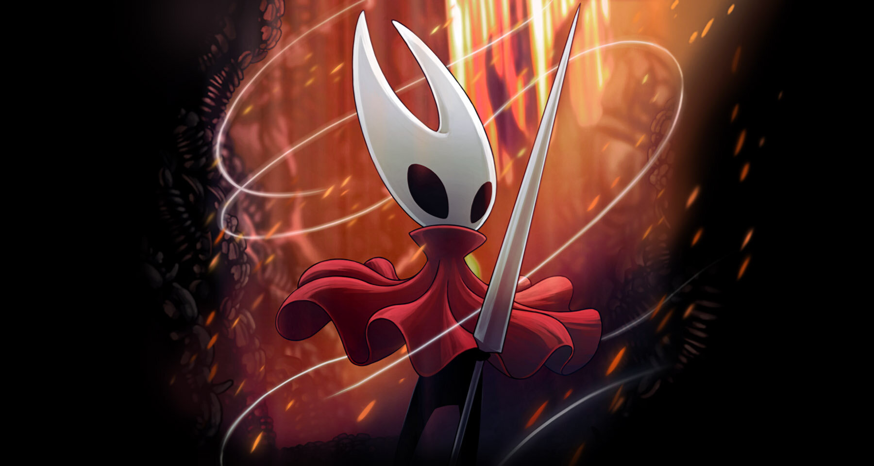 Art for Hollow Knight: Silksong. It shows Hornet, a ghostly creature whose head looks like a white mask with two pointed horns. She wields a long needle and threads of silk float around her.