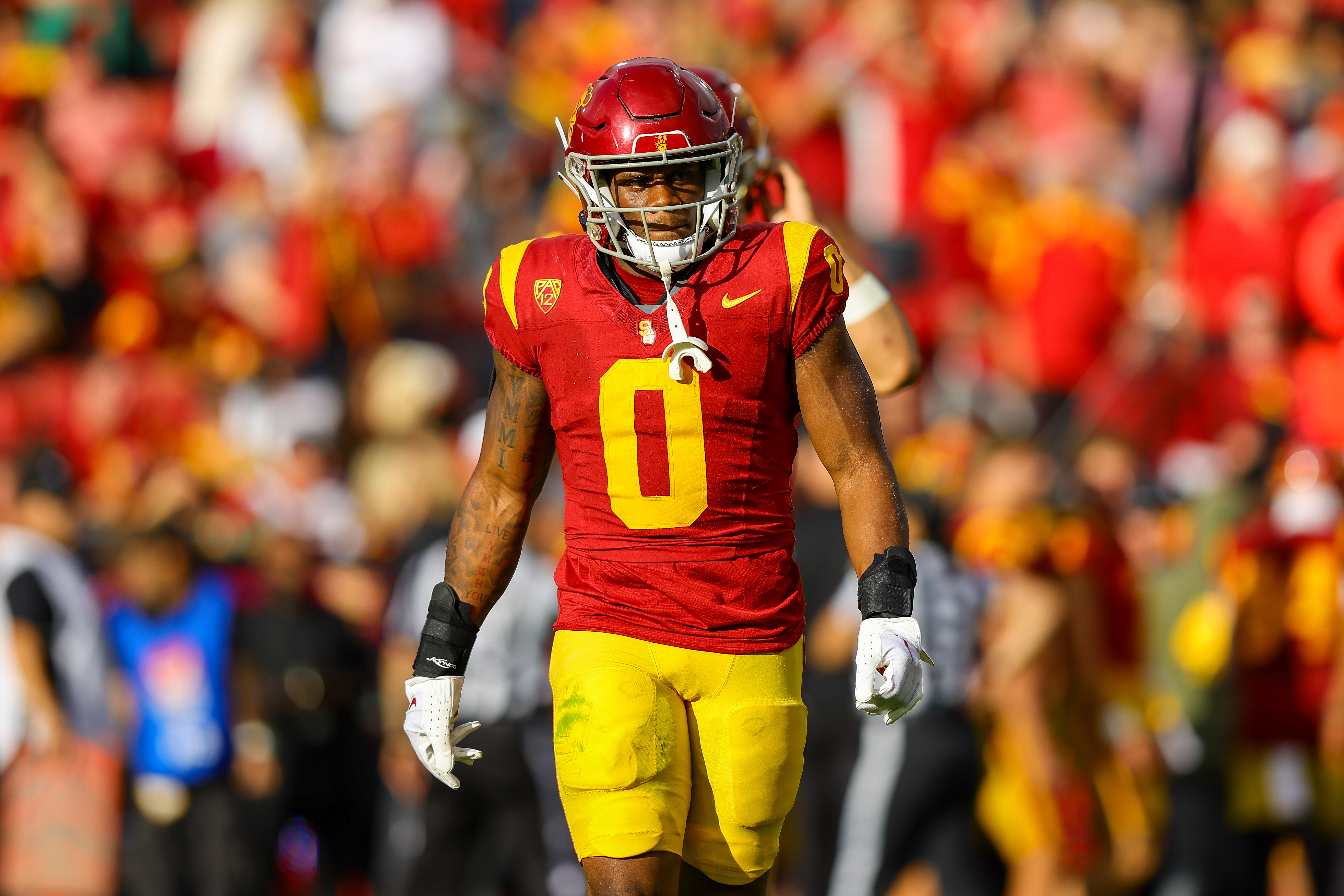 USC Trojans running back MarShawn Lloyd (0) walks onto the field during a college football game between the UCLA Bruins and the USC Trojans on November 18, 2023, at the Los Angeles Memorial Coliseum in Los Angeles, CA.