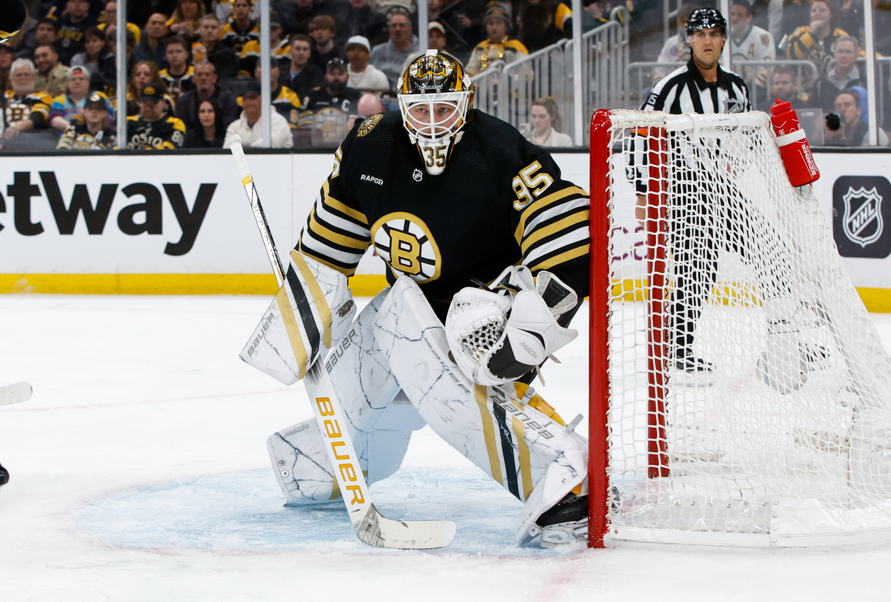 Linus Ullmark of the Boston Bruins tends goal against the Toronto Maple Leafs during the second period in Game Two of the First Round of the 2024 Stanley Cup Playoffs at the TD Garden on April 22, 2024 in Boston, Massachusetts. The Maple Leafs won 3-2 to even the series at 1-1.