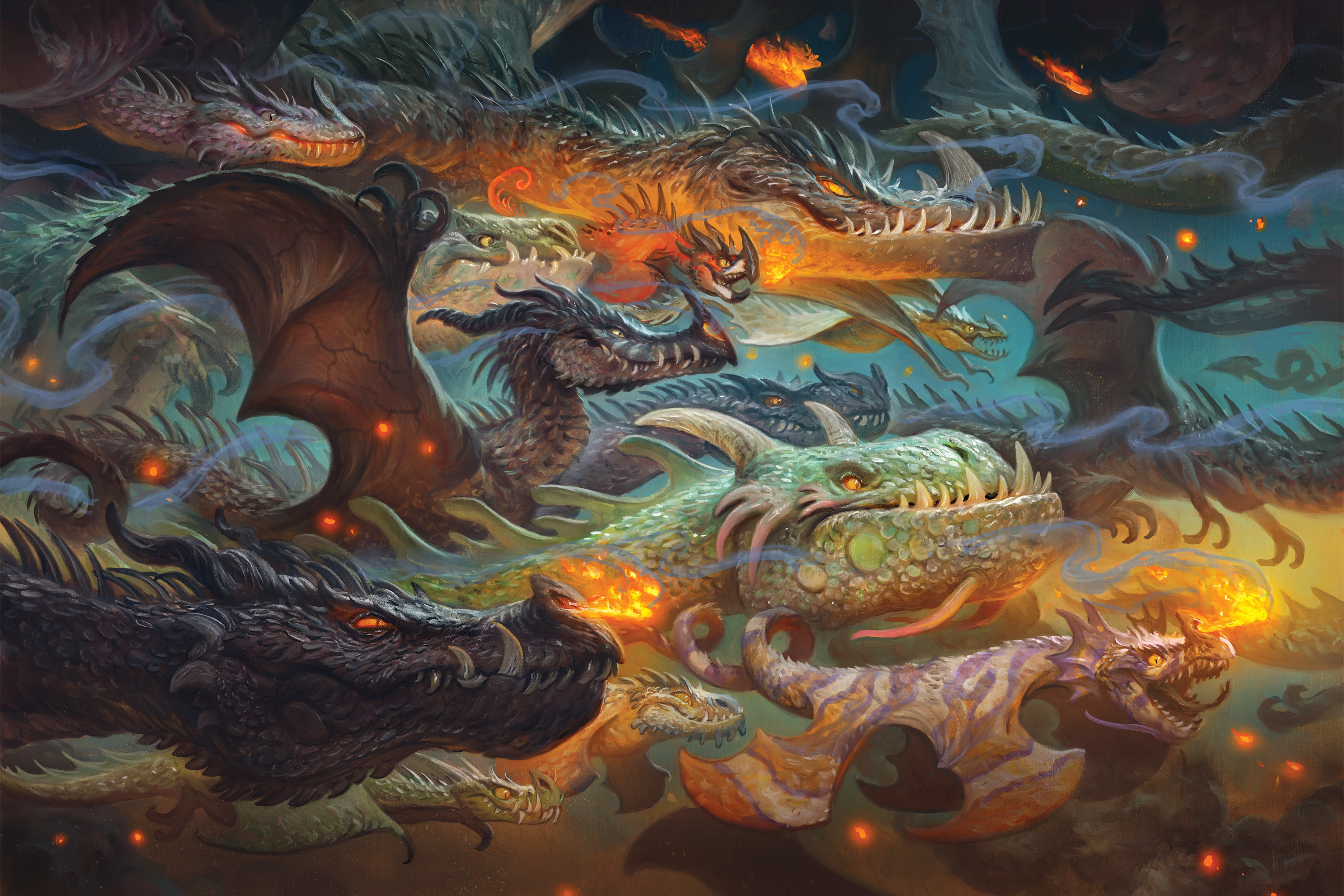 The endpaper art from the fantasy novel I’m Afraid You’ve Got Dragons, depicting a flight of dragons in a wide variety of shapes, sizes, and colors, though they universally have a whole lotta fangs going on.