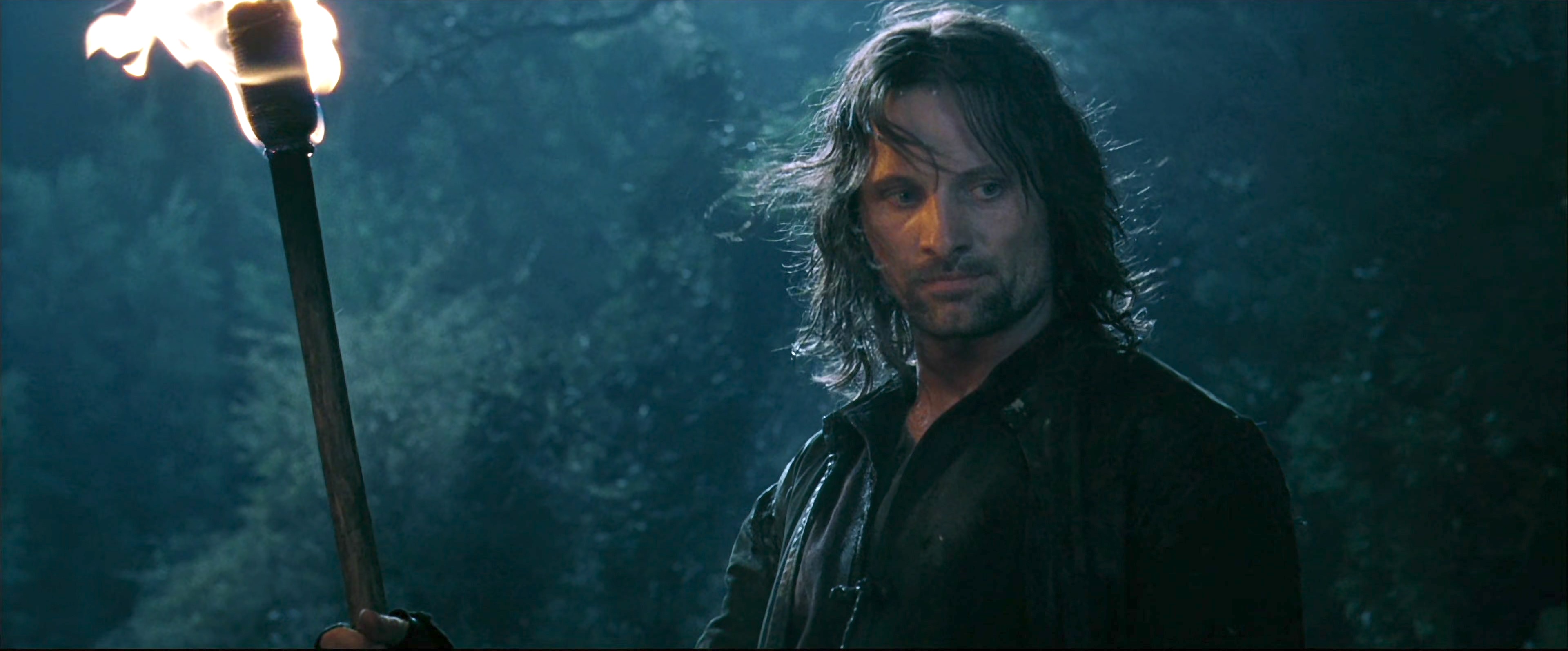 A bedraggled Aragorn stands in a forest, holding a lit torch in The Fellowship of the Ring.