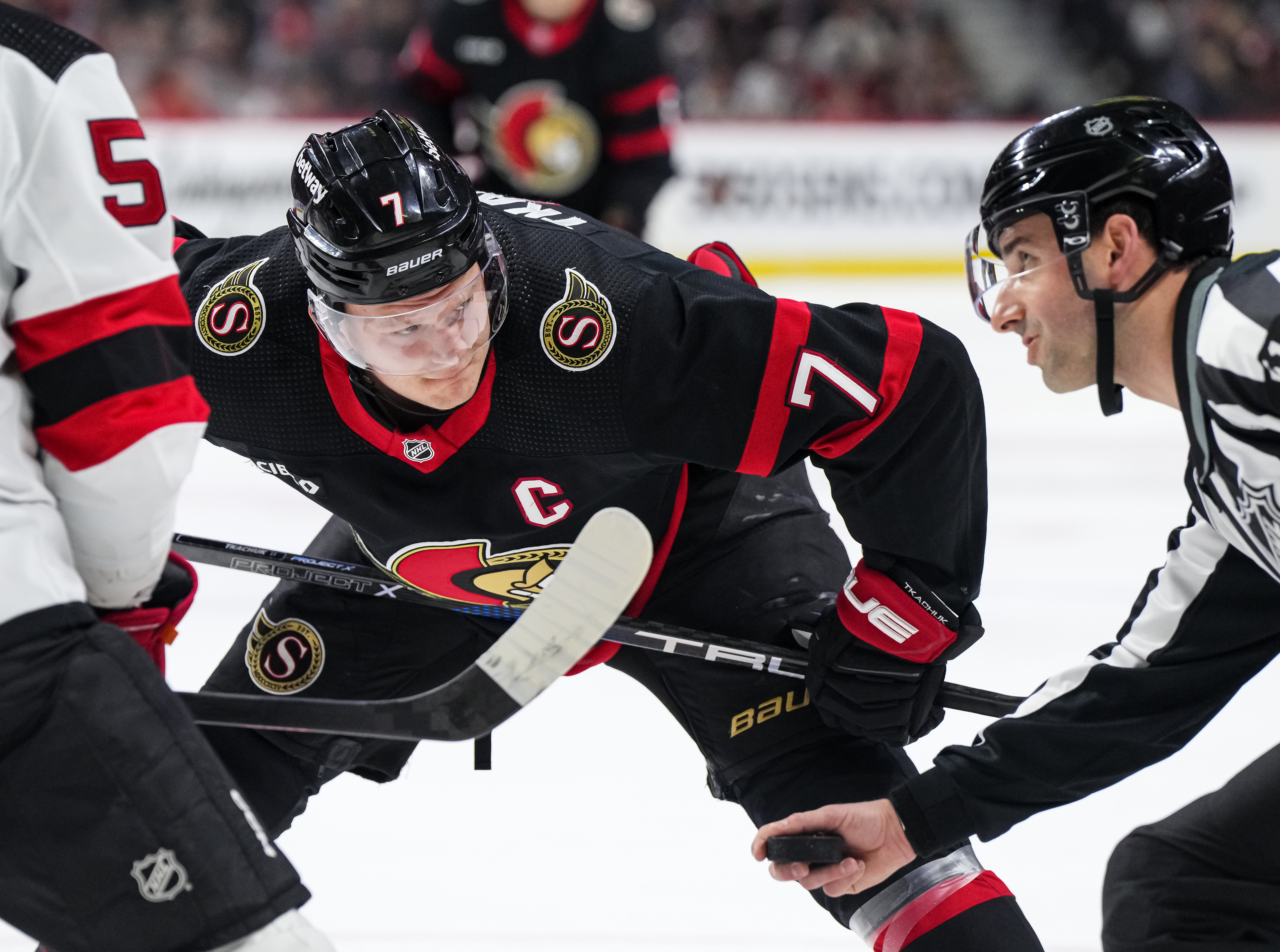 Brady Tkachuk of the Ottawa Senators prepares for a face-off against the New Jersey Devils at Canadian Tire Centre on April 6, 2024 in Ottawa, Ontario, Canada.