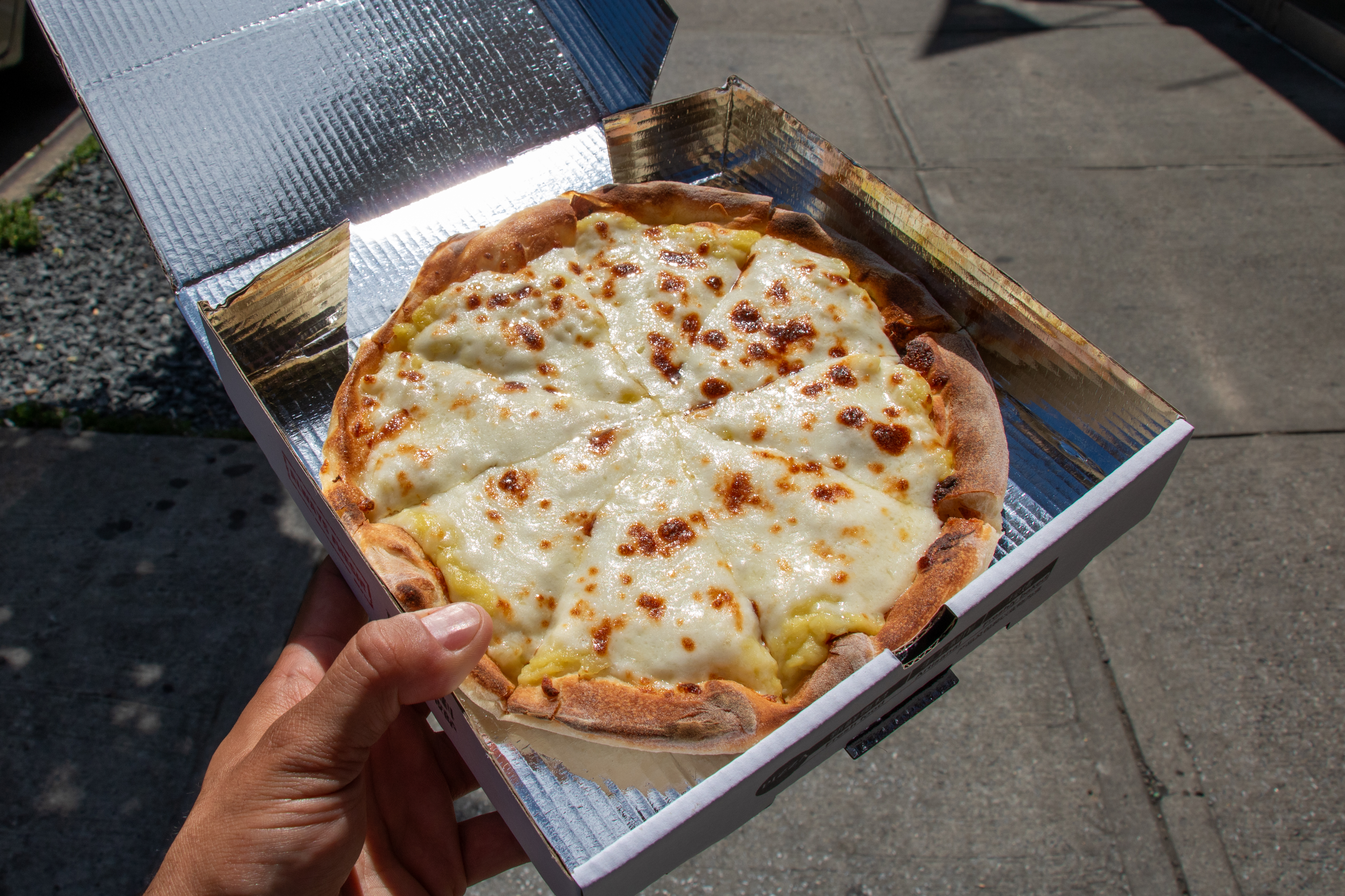 A hand holds a box of durian pizza.