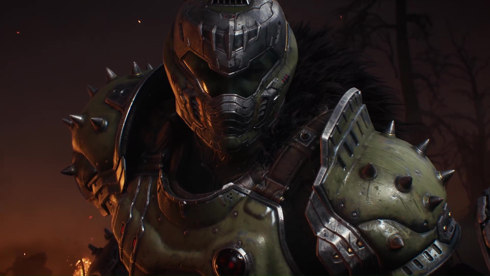 Doomguy wearing spiky armor and looking at the camera in Doom: The Dark Ages