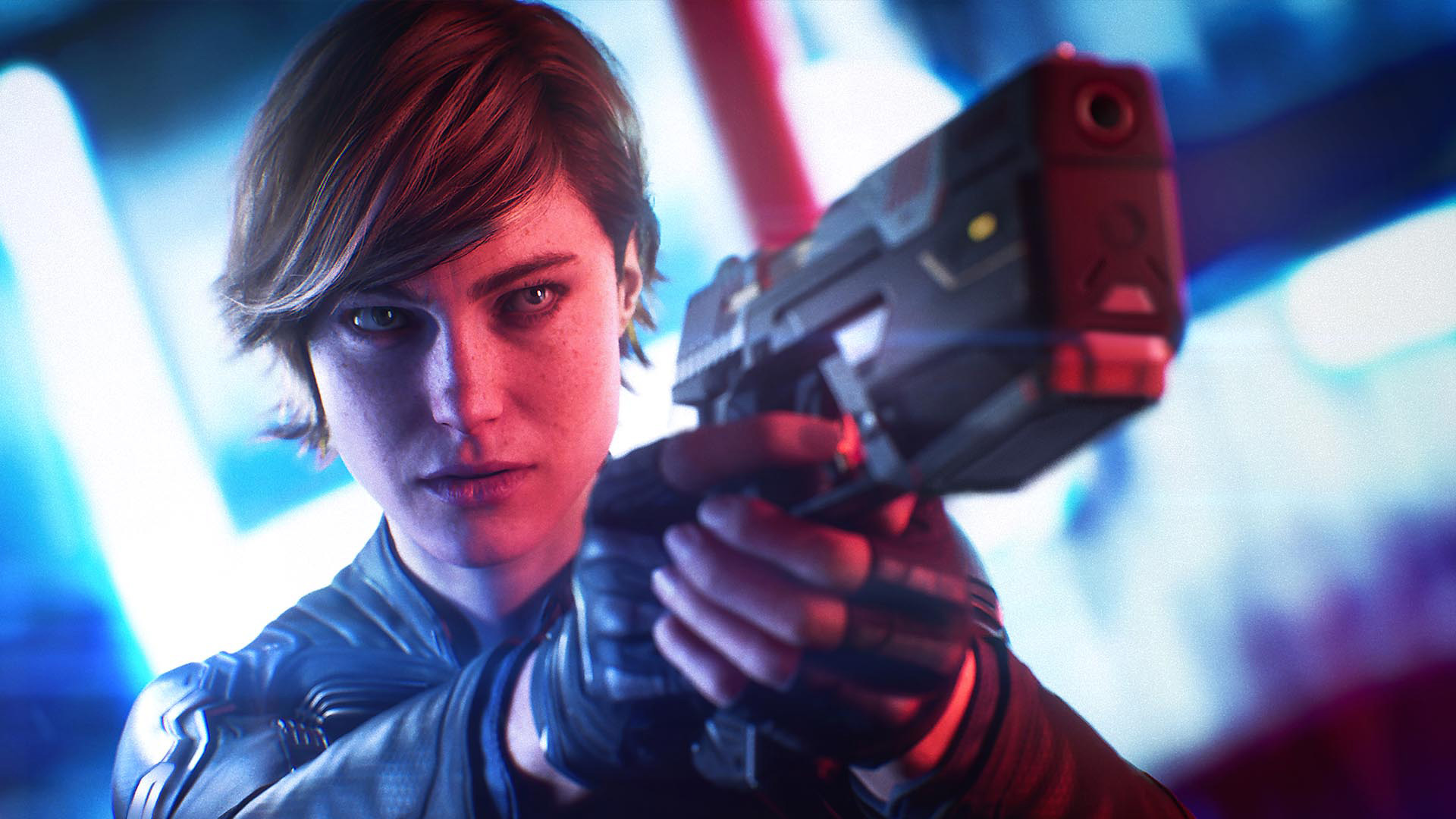 Joanna Dark raises a handgun in a still from the Perfect Dark reboot trailer