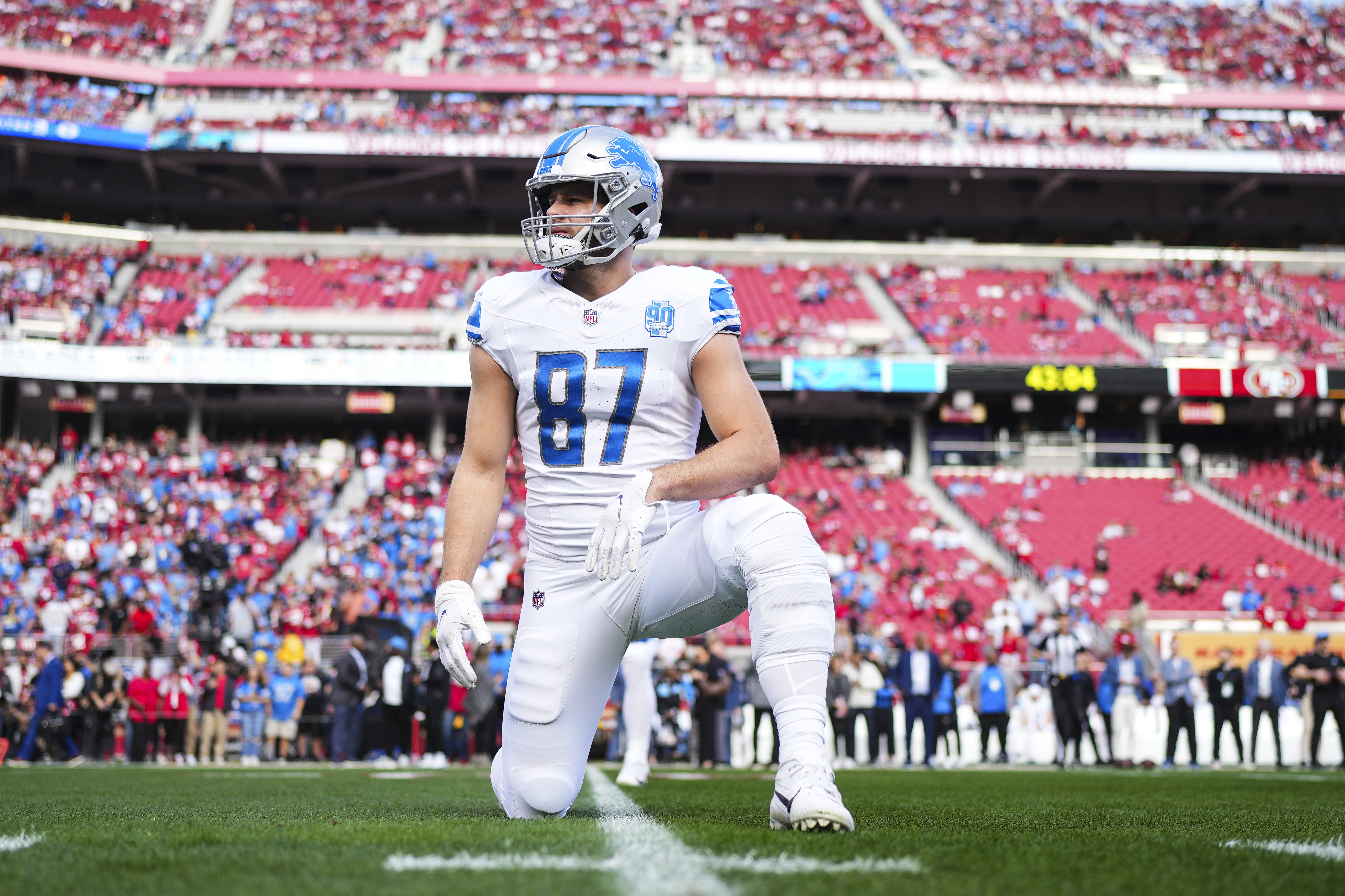 Sam LaPorta #87 of the Detroit Lions warms up prior to the NFC Championship NFL football game against the San Francisco 49ers at Levi’s Stadium on January 28, 2024 in Santa Clara, California.