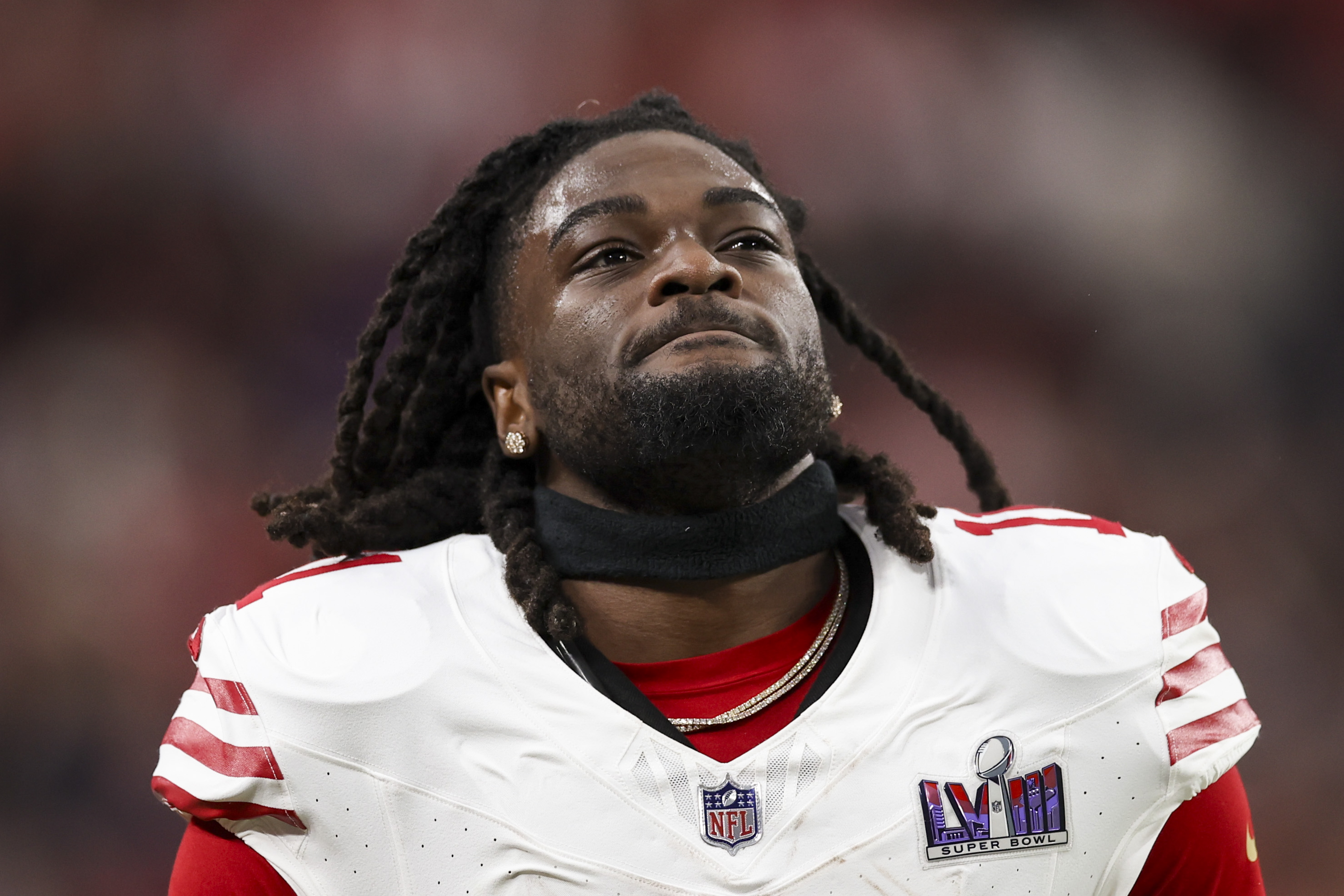 Brandon Aiyuk #11 of the San Francisco 49ers looks on during Super Bowl LVIII against the Kansas City Chiefs at Allegiant Stadium on February 11, 2024 in Las Vegas, NV.