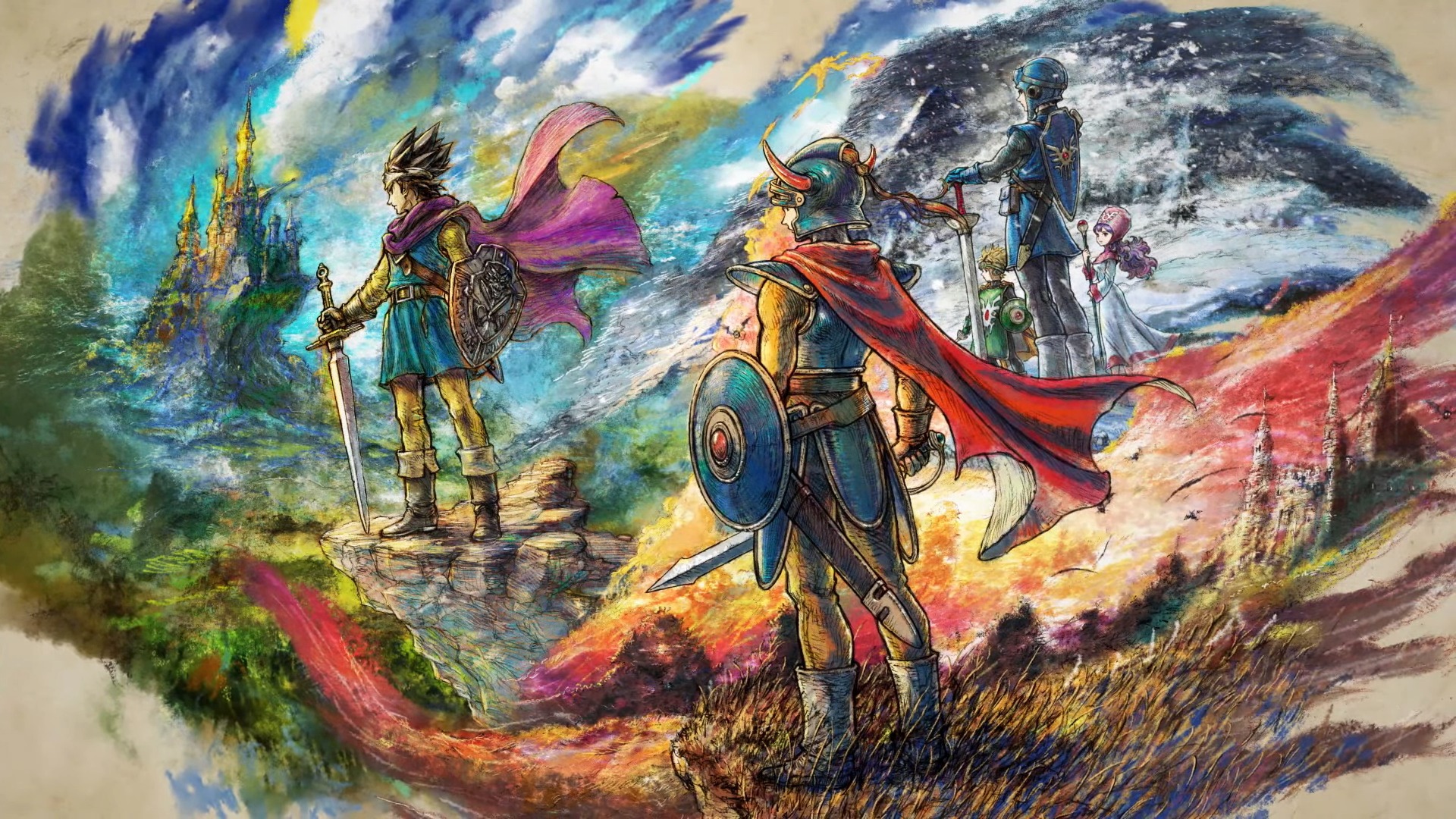 Artwork of the heroes from Dragon Quest 1, 2, and 3 presented in a sketchy, watercolor style 